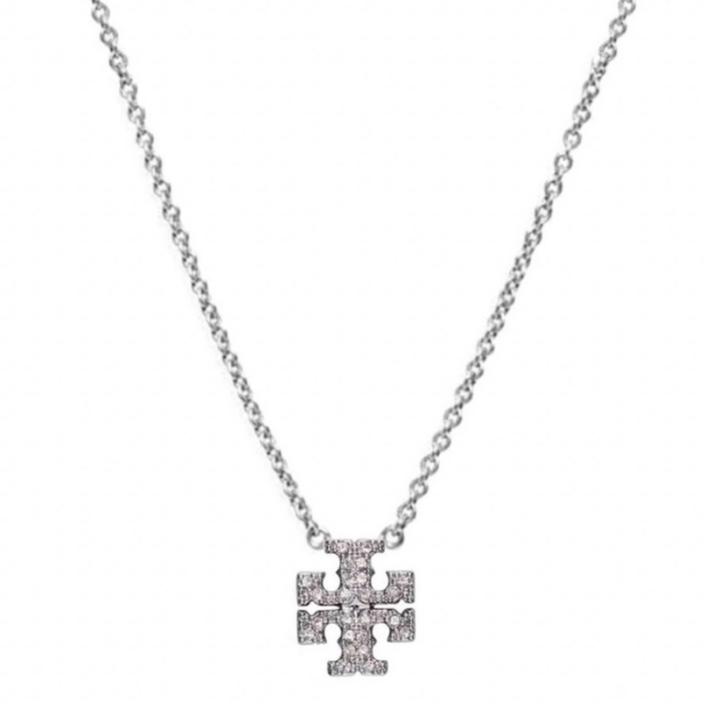 TORY BURCH • Silver Crystal Kira Logo Necklace